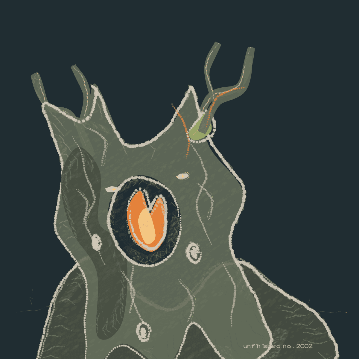 a green sketched creature carrying an orange flame
